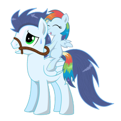 Size: 889x889 | Tagged: safe, artist:isegrim87, soarin', oc, oc:ragtag, bridle, daddy soarin', father and child, father and daughter, male, offspring, parent and child, parent:rainbow dash, parent:soarin', parents:soarindash, ponies riding ponies, reins, simple background, sweat, transparent background