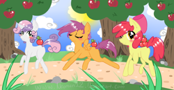 Size: 900x468 | Tagged: safe, artist:neomen12, derpibooru import, apple bloom, scootaloo, sweetie belle, earth pony, pegasus, pony, unicorn, apple, blushing, female, food