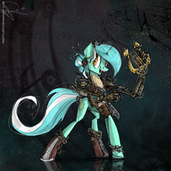 Size: 800x800 | Tagged: safe, artist:nastylady, derpibooru import, lyra heartstrings, pony, unicorn, abstract background, alternate hairstyle, boots, female, hand, happy, lyre, mare, mechanical hands, robotic arm, shoes, smiling, solo, steampunk
