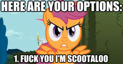 Size: 625x331 | Tagged: safe, derpibooru import, scootaloo, pegasus, female, filly, image macro, orange coat, purple mane, solo, vulgar