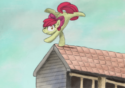 Size: 3481x2461 | Tagged: safe, artist:hewison, apple bloom, balancing, flexible, high res, roof, solo, this will end in tears