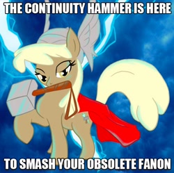 Size: 522x520 | Tagged: safe, derpibooru import, mjölna, canon, continuity hammer, crossover, fanon, image macro, mouth hold, solo, thor, weapon