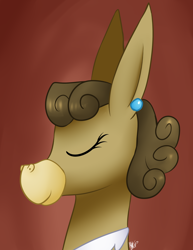 Size: 1024x1325 | Tagged: safe, artist:mylittlesheepy, matilda, donkey, bust, ear piercing, eyes closed, female, gradient background, piercing, smiling, solo