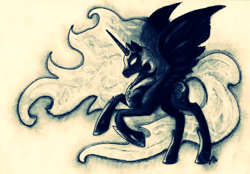 Size: 1157x803 | Tagged: safe, artist:gonedreamer, derpibooru import, nightmare moon, monochrome, solo