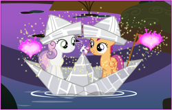 Size: 2040x1300 | Tagged: safe, artist:alexlayer, screencap, scootaloo, sweetie belle, boat, female, hat, lesbian, paper boat, paper hat, scootabelle, shipping