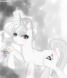 Size: 659x773 | Tagged: safe, artist:kawaiilily12, derpibooru import, blushing, frown, magic, ponified, wikipedia, writing