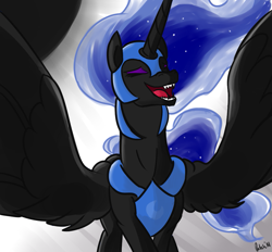 Size: 977x907 | Tagged: safe, artist:patch, nightmare moon, alicorn, pony, eclipse, eyes closed, laughing, open mouth, sharp teeth, solar eclipse, solo, spread wings