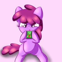 Size: 2000x2000 | Tagged: safe, artist:goldenmercurydragon, berry punch, berryshine, berrybetes, cute, daaaaaaaaaaaw, filly, high res, juice box, pink background, simple background, sitting, solo