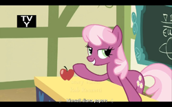 Size: 960x600 | Tagged: safe, screencap, cheerilee, ponyville confidential, apple, meme, ponyville schoolhouse, solo, youtube caption