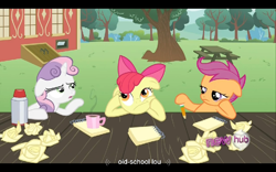 Size: 960x600 | Tagged: safe, screencap, apple bloom, scootaloo, sweetie belle, ponyville confidential, bored, cutie mark crusaders, pondering, thinking bloom, youtube caption