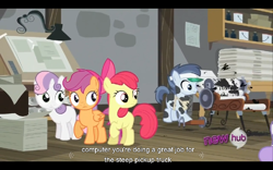 Size: 960x600 | Tagged: safe, screencap, apple bloom, scootaloo, shady daze, sweetie belle, ponyville confidential, cutie mark crusaders, youtube caption