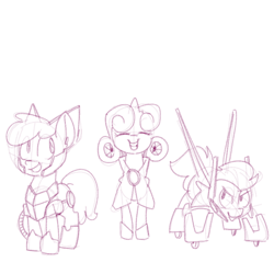 Size: 700x700 | Tagged: safe, artist:goat train, apple bloom, scootaloo, sweetie belle, armor, cutie mark crusaders, megaman battle network, monochrome, sketch