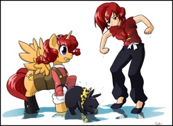 Size: 1215x884 | Tagged: safe, artist:smeadows, derpibooru import, alicorn, human, pig, pony, crossover, human ponidox, p-chan, ponified, ranma 1/2, ranma saotome, ryoga hibiki