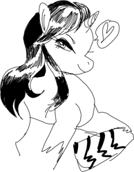 Size: 390x502 | Tagged: safe, artist:maroonracoon, derpibooru import, bedroom eyes, heart, looking at you, lum invader, monochrome, ponified, raised hoof, smiling, solo, urusei yatsura