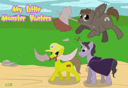 Size: 1280x886 | Tagged: safe, artist:x-cross, axe, cloak, clothes, jewwario, monster hunter, ponified, sean, spoony, sword, the spoony one, weapon