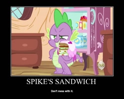 Size: 750x600 | Tagged: safe, artist:maggie-x-awesomeness, spike, dragon, dragon quest, demotivational poster, hub logo, hubble, image macro, meme, motivational poster, sandwich, solo