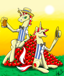 Size: 850x1013 | Tagged: safe, artist:chocolatechilla, derpibooru import, flam, flim, pony, unicorn, apple, brothers, cider, flim flam brothers, food, male, siblings, stallion