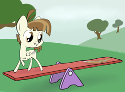 Size: 2500x1850 | Tagged: safe, artist:ambrosebuttercrust, derpibooru import, featherweight, pegasus, pony, feather, featherbetes, pun, seesaw, solo, visual pun