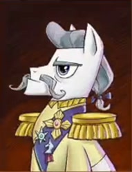 Size: 1250x1637 | Tagged: safe, derpibooru import, screencap, mmmystery on the friendship express, bust, clothes, frown, glare, medal, moustache, needs more jpeg, picture cut, profile, serious, solo, uniform