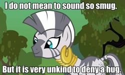 Size: 697x420 | Tagged: safe, zecora, zebra, bronybait, hug, image macro, solo