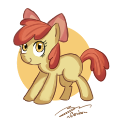 Size: 600x606 | Tagged: safe, artist:b0nbon, derpibooru import, apple bloom, earth pony, pony, bow, female, hair bow, signature, simple background, solo, transparent background