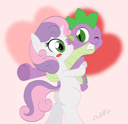 Size: 1500x1451 | Tagged: safe, artist:miniferu, spike, sweetie belle, dragon, female, kissing, male, shipping, spikebelle, straight