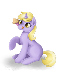 Size: 600x800 | Tagged: safe, artist:amenoo, dinky hooves, pony, unicorn, eyes on the prize, female, filly, mlem, muffin, raised hoof, signature, silly, simple background, sitting, solo, tongue out, transparent background