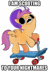 Size: 412x592 | Tagged: safe, derpibooru import, scootaloo, pegasus, female, filly, image macro, nightmare fuel, orange coat, purple mane, solo