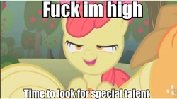 Size: 856x479 | Tagged: safe, apple bloom, earth pony, pony, female, filly, fuck i'm high, high, vulgar