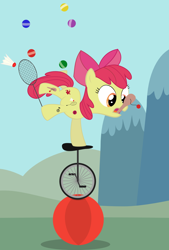 Size: 1076x1588 | Tagged: safe, artist:felixabsolved, apple bloom, badminton, ball, cutie pox, juggling, paddleball, unicycle