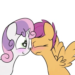 Size: 650x650 | Tagged: safe, artist:kryptchild, scootaloo, sweetie belle, blushing, female, lesbian, scootabelle, shipping, wingboner