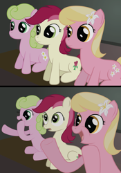 Size: 1014x1450 | Tagged: safe, artist:why485, daisy, flower wishes, lily, lily valley, roseluck, 4koma, ask the flower trio, comic, exploitable meme, flower trio, reaction guys, reaction ponies