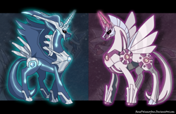 Size: 900x585 | Tagged: safe, artist:renepolumorfous, pony, abstract background, dialga, duo, legendary pokémon, palkia, pokémon, ponified, ponymon