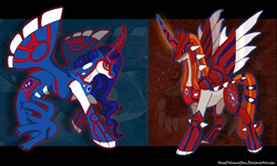 Size: 900x541 | Tagged: safe, artist:renepolumorfous, alicorn, merpony, pony, abstract background, duo, groudon, kyogre, legendary pokémon, pokémon, ponified, ponymon