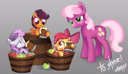 Size: 2835x1653 | Tagged: dead source, safe, artist:myslipox, derpibooru import, apple bloom, cheerilee, scootaloo, sweetie belle, earth pony, pegasus, pony, unicorn, apple, barrel, cider, cutie mark crusaders, female, filly, mare