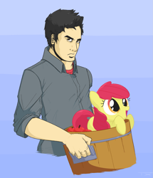 Size: 1305x1517 | Tagged: safe, artist:tex, derpibooru import, apple bloom, oc, oc:tex, human, apple, bucket, carrying, food, missing accessory