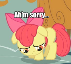 Size: 286x256 | Tagged: safe, derpibooru import, apple bloom, call of the cutie, image macro, sad, sorry