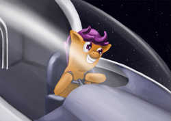 Size: 877x620 | Tagged: safe, artist:yavaho155, scootaloo, pilot, smiling, solo, space, spaceship