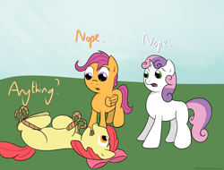 Size: 1346x1024 | Tagged: safe, artist:pexpy, apple bloom, scootaloo, sweetie belle, cutie mark crusaders, on back, rope, tied up