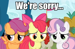 Size: 946x616 | Tagged: safe, edit, edited screencap, screencap, apple bloom, scootaloo, snails, sweetie belle, twist, the return of harmony, cutie mark crusaders, hub logo, image macro, sad, sorry