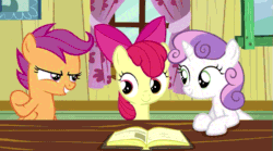 Size: 593x329 | Tagged: safe, screencap, apple bloom, scootaloo, sweetie belle, hearts and hooves day (episode), animated, clubhouse, crusaders clubhouse, cutie mark crusaders, hearts and hooves day, smiling, trio