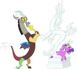 Size: 1280x1152 | Tagged: safe, artist:emper24, discord, screwball, draconequus, pony, admiring, checking himself out, duo, female, hat, male, mare, propeller hat, self ponidox, simple background, statue, statue discord, swirly eyes, transparent background, vector