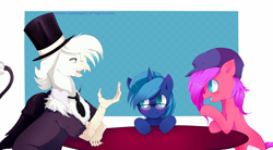 Size: 1280x708 | Tagged: safe, artist:kari-chan, artist:princessmisery, oc, oc only, oc:jackleapp, oc:paleosteno, earth pony, griffon, pony, unicorn, conversation, glasses, griffonsona, hirosashii, musician, ponysona