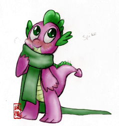 Size: 357x375 | Tagged: safe, artist:slightly-stratus, derpibooru import, spike, dragon, clothes, male, scarf, simple background, solo, white background