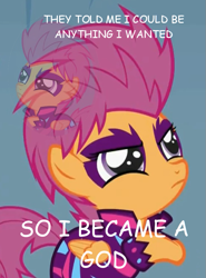 Size: 553x747 | Tagged: safe, derpibooru import, scootaloo, pegasus, female, filly, image macro, orange coat, purple mane, solo