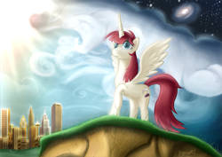 Size: 2481x1754 | Tagged: safe, artist:angerelic, derpibooru import, oc, oc only, oc:fausticorn, city, cliff, cloud, cloudy, foster's home for imaginary friends, galaxy, lauren faust, raised hoof, space, sun