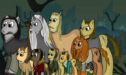 Size: 1116x661 | Tagged: safe, artist:aellyx, derpibooru import, merry, aragorn, boromir, frodo, frodo baggins, gandalf, gandalf the grey, gimli, legolas, lord of the rings, meriadoc brandybuck, peregrin took, pippin, ponified, samwise gamgee