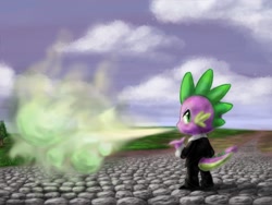 Size: 1024x768 | Tagged: safe, artist:xx-mr-no-name-xx, derpibooru import, spike, dragon, badass, clothes, male, smoke, solo, suit, swag