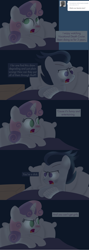 Size: 1280x3601 | Tagged: safe, artist:dtcx97, rumble, sweetie belle, pegasus, pony, unicorn, ask, ask post-crusade, bandage, bed, colt, comic, female, filly, foal, hooves, horn, hospital, injured, lineless, male, open mouth, pillow, post-crusade, sick, stitches, tumblr, vulgar