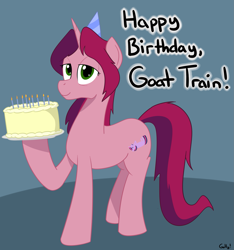 Size: 1687x1801 | Tagged: safe, artist:rapidstrike, oc, oc only, oc:gloomy, birthday cake, cake, happy birthday, hat, party hat, solo